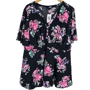 Torrid Womens Blouse Plus Size 2X Soft Rose Petal Floral Fluttery Sleeve Black
